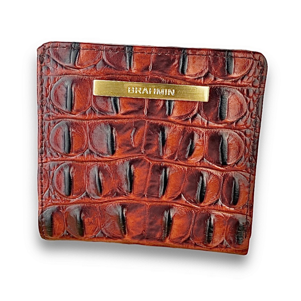 Brahmin Brown Croc-Embossed Leather Wallet with Gold Plate